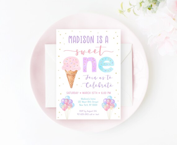 Editable Ice Cream Birthday Invitation Sweet One Ice Cream First Birthday Girl Ice Cream Party Pink Gold Sprinkles Balloons Digital A611 Il_570xn