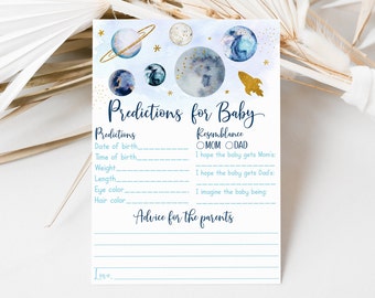 Predicciones de galaxias para juegos de bebés Tarjetas de consejos de galaxias Espacio Baby Shower Boy Blue Gold Galaxy Planets Moon Descarga digital A631