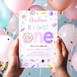 Editable Sweet One Birthday Invitation Sweet One Birthday Invite Sweet Shop Candy Shop Lollipop Candy Party Sweets Digital Download A659
