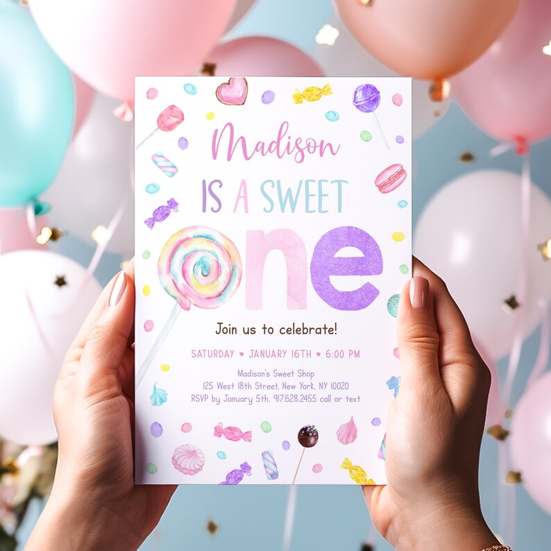 May include: A pastel-colored invitation with the text "Madison IS A SWEET ONE" and various candy illustrations. The invitation includes event details and is held by hands against a backdrop of balloons.