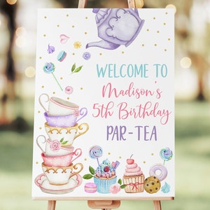 Bearbeitbare Teeparty Geburtstag Willkommensschild Rosa Lila Blumen Mädchen Tee Teil-Tee Zwei für Tee Geburtstag Kuchen Cupcake Süßigkeiten Herunterladen A651