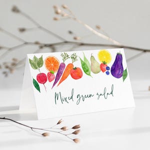 Cartes de tentes modifiables d'aliments pour bébés cultivés localement, étiquettes d'aliments, marché de producteurs, petite pousse, non sexiste, baby shower végétarien, numérique A772