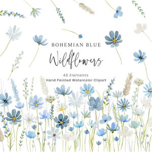 Clipart de acuarela de flores silvestres azules, flores silvestres delicadas, azul bohemio, azul polvoriento, bordes de flores silvestres, flores silvestres, clipart de boda