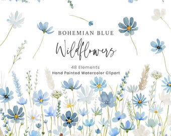 Watercolor Wildflower Clipart – Dusty Blue Florals, Floral Border, PNGs (Digital Download)