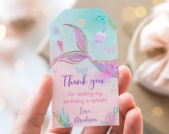 Editable Mermaid Birthday Thank You Tag Favor Tag Mermaid Party Under The Sea Party Pink Purple Teal Gold Printable Digital Download A711