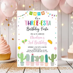 Editable Three-Esta Fiesta Birthday Invitation Third Birthday 3rd Cactus Girl Fiesta Party Cactus Succulent Mexican Digital Download A552