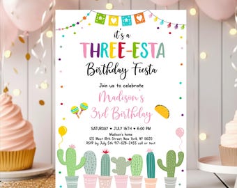 Redigerbar Three-Esta Fiesta födelsedagsinbjudan, tredje födelsedag, 3:e kaktusflicka, Fiestafest, kaktus, suckulent mexikansk, digital nedladdning A552