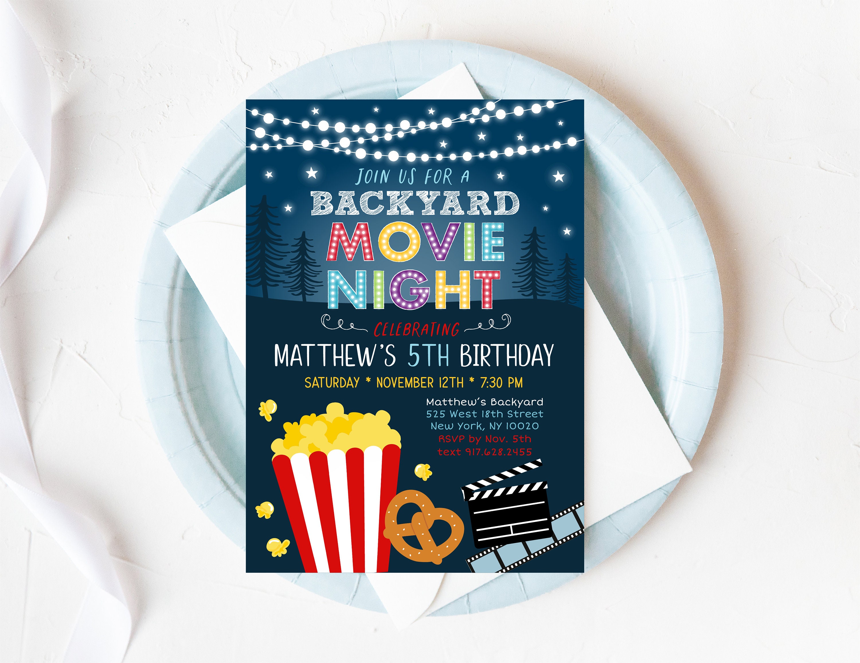 Editable Backyard Movie Night Birthday Invitation Movie Under the Stars ...