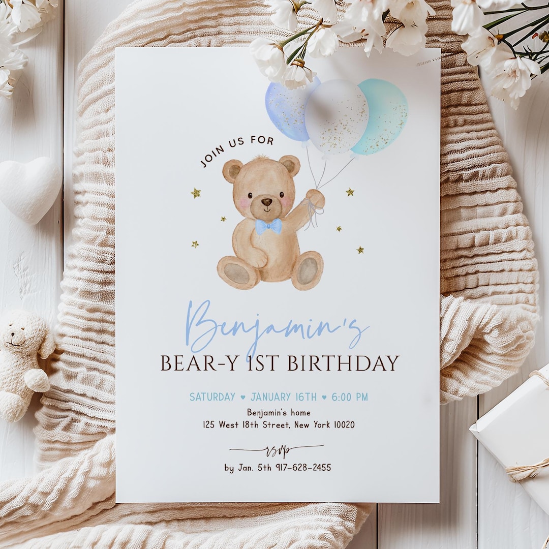 Editable Teddy Bear First Birthday Invitation, Blue Boy Bear With ...