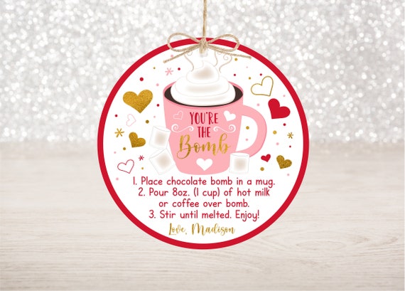 Editable Hot Chocolate Bomb Tags Hot Cocoa Bomb Instructions Valentine's Day Favor Tags Hearts Pink Gold You're The Bomb Digital Printable Il_570xn