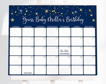 Editable Twinkle Star Baby Shower Due Date Calendar Game Navy & Gold Boy Baby Shower Guess Baby's Birthday Digital Instant Download A585