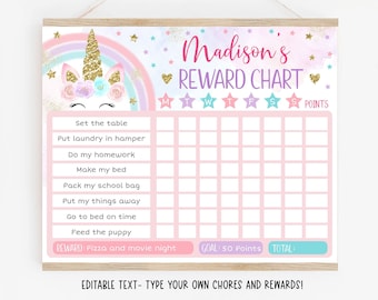 Unicorn Reward Chart, Unicorn Behavior Chart, Pink & Gold Rainbow Unicorn, Floral Unicorn, Chore Chart, Editable, Printable, Template C100