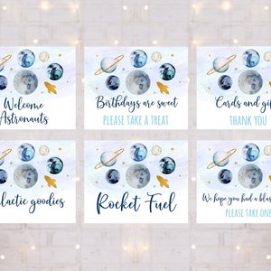 Editable Blue Space Birthday Sign Table Signs Set of 6 Blue Gold Boy Galaxy Planets Rocket Ship Outer Space Moon Stars Download A631