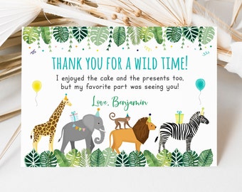 Editable Party Animals Birthday Thank You Card Safari Birthday Wild One Jungle Animal Zoo Animal Digital Printable Instant Download A513