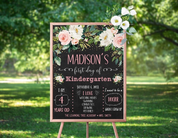 Editable Blush Floral First Day of Kindergarten Sign Back To School Sign Girl Pink Gold Boho Floral Chalkboard Printable Digital Download Il_570xn
