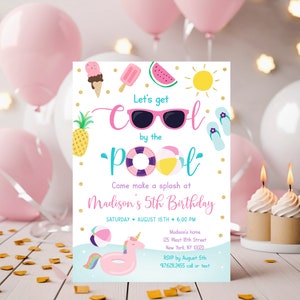 Editable Pool Party Birthday Invitation Girls Pool Party Let&#39;s Get Cool Pink Gold Ice Cream Watermelon Pineapple Digital Download A533