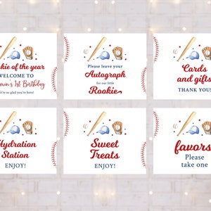 Editable Baseball First Birthday Signs Set of 6 Table Signs Rookie of the Year Baseball Birthday Baseball Party Digital Download A713