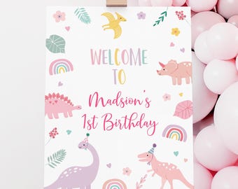 Editable Pink Dinosaur Birthday Welcome Sign, Pink Boho Dinosaur Birthday, Girl Dinosaur Party, Pastel Dinosaur, Digital Download A736