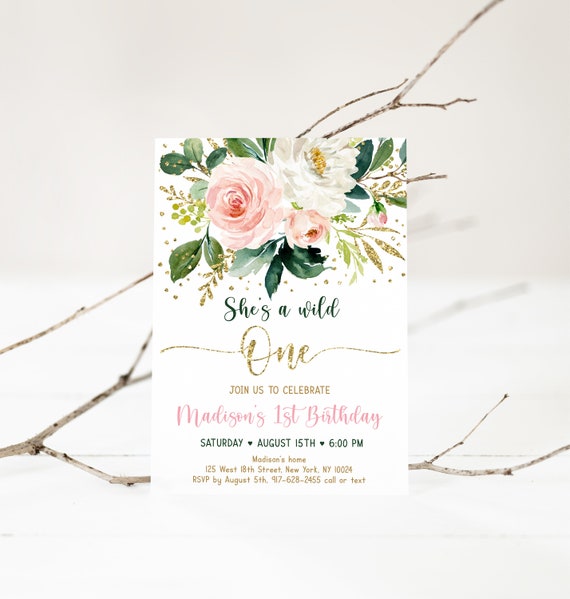 Editable Wild One Birthday Invitation Boho First Birthday Invite Pink Gold Floral 1st Birthday Girl Printable Digital Download Corjl A561 Il_570xn