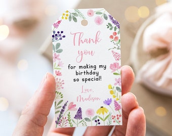 Editable Wildflower Birthday Thank You Tags Favor Tags Little Wildflower Birthday Flower Birthday Pink Floral Garden Party Digital A672