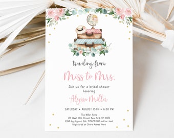 May include: A bridal shower invitation with a watercolor illustration of luggage, a globe, and flowers. The text reads "traveling from Miss to Mrs." and includes the bride's name, Alyssa Miller, the date and time of the shower, and the RSVP information.