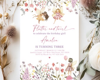 Invitation d'anniversaire de fée modifiable Invitation d'anniversaire jardin bohème pastel forêt de fleurs sauvages bohème enchantée fée lutin en téléchargement numérique A724
