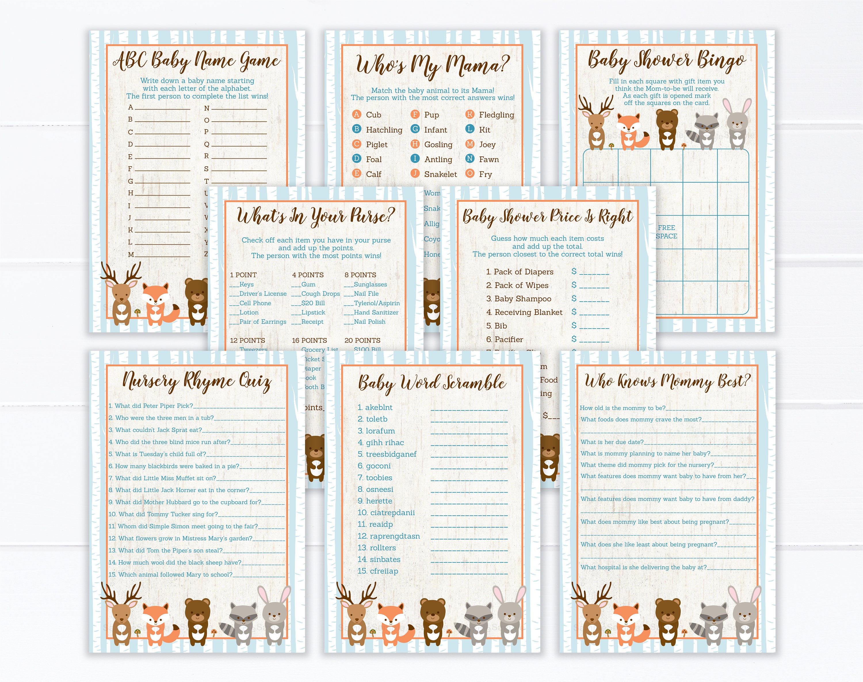 Blue Woodland Baby Shower Games Package Boy Woodland Baby - Etsy