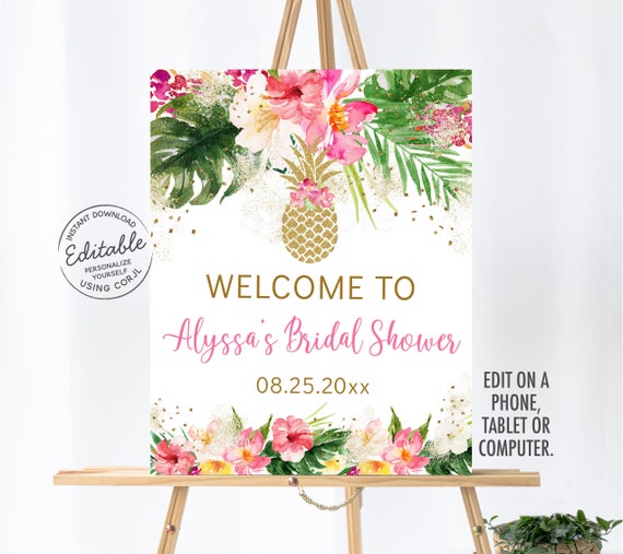 EDITABLE Pineapple Bridal Shower Welcome Sign Pink Tropical Floral Gold Pineapple Digital Printable Instant Download Template Corjl B139 Il_570xn