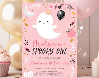 Editable Spooky One Ghost Birthday Invitation Halloween Ghost First Birthday Invite Pink Ghost Girl Halloween Party Digital Download A636