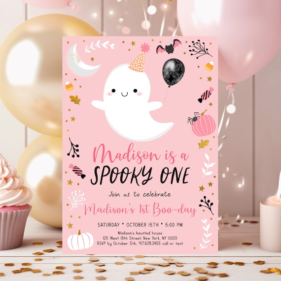 Editable Spooky One Ghost Birthday Invitation Halloween Ghost First Birthday Invite Pink Ghost Girl Halloween Party Digital Download A636