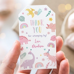 Pink Dinosaur Birthday Thank You Tag, Thank You For Stomping By, Boho Dinosaur, Girl DinosaurParty, Pastel Dinosaur, Editable Download A736