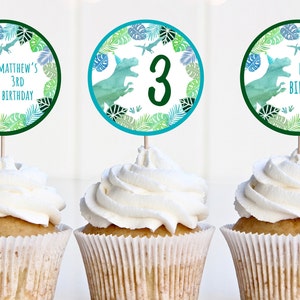 Editable Dinosaur Cupcake Toppers Dinosaur Birthday T-Rex Birthday Dinosaur Party Dinosaur Safari Green Blue Watercolor Digital A663