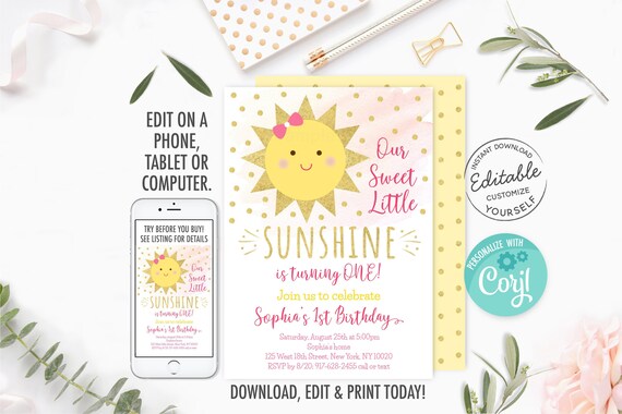 EDITABLE Sunshine Birthday Invitation Sunshine First Birthday You Are My Sunshine Pink & Gold Sunshine Printable Instant Download A508 Il_570xn