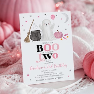 Two Spooky Birthday Invitation: Pink Halloween Ghost, Editable Template Digital Download