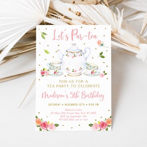 Editable Let's Par-tea Birthday Invitation Tea Party Birthday Invite Pink Gold Floral Girl Tea Party Digital Printable Instant Download A583 image 3