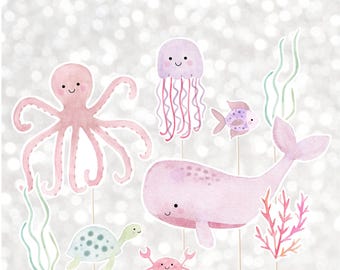 Centro de mesa de cumpleaños bajo el mar, adorno para tarta, recortes, niña rosa pastel, animales marinos, océano, ballena, tortuga, descarga digital A725