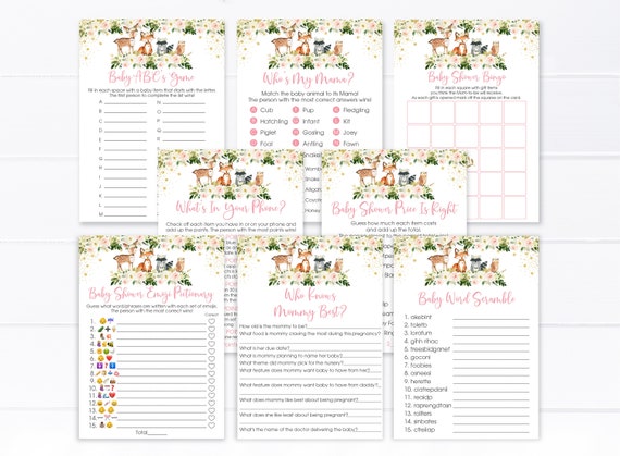 Woodland Girl Baby Shower Games Package Pink Woodland Forest Animals Blush Floral 8 PRINTABLE GAMES Digital Instant Download A516 Il_570xn