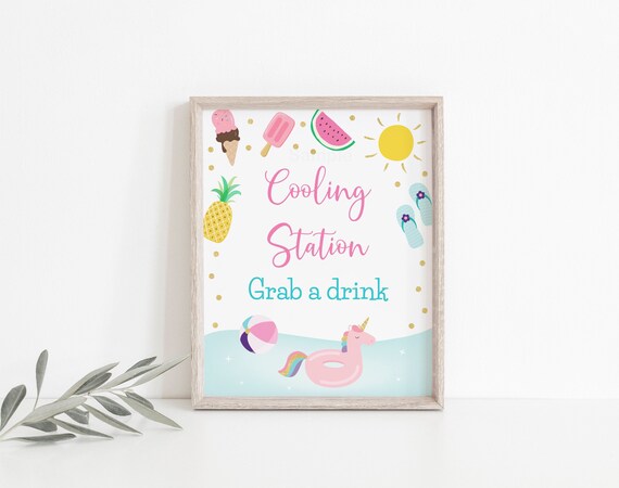 Pool Party Cooling Station Sign Drink Sign Pool Birthday Party Girls Pool Party Unicorn Ice Cream Pineapple Printable Instant Download A533 Il_570xn