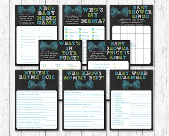 Bow Tie Chalkboard Baby Shower Games Package / 8 Printable Games / Bow Tie Baby Shower / Baby Boy Shower / INSTANT DOWNLOAD A202 Il_570xn