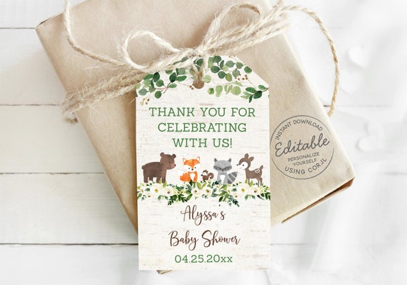 EDITABLE Woodland Thank You Tags Woodland Baby Shower Greenery Floral Woodland Forest Animals Gender Neutral Digital Printable Corjl A485 Il_570xn