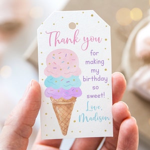 Editable Ice Cream Birthday Thank You Tags Favor Tags Rainbow Ice Cream ...