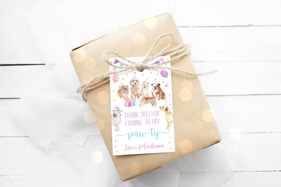 Editable Puppy Birthday Thank You Tag Favor Tag Let's Paw-ty Girl Puppy Party Animal Shelter Vet Dog with Balloons Digital Download A621 Il_570xn