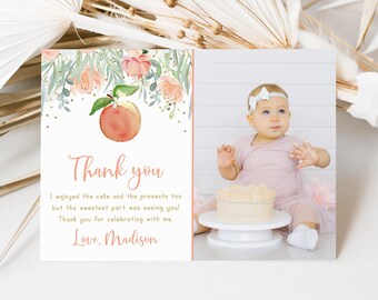 Editable Peach Birthday Thank You Card, Sweet As A Peach First Birthday Thank You, Peach Gold Floral Girl 1st Birthday Digital A608