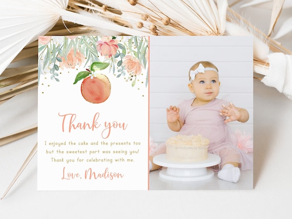 Editable Peach Birthday Thank You Card, Sweet As A Peach First Birthday Thank You, Peach Gold Floral Girl 1st Birthday Digital A608
