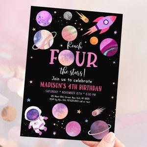 Editable Space Birthday Invitation Reach FOUR The Stars Birthday Invite Pink Girl Astronaut Galaxy Planets Outer Space Party Digital A654