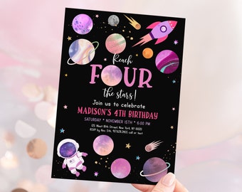 Editable Space Birthday Invitation Reach FOUR The Stars Birthday Invite Pink Girl Astronaut Galaxy Planets Outer Space Party Digital A654