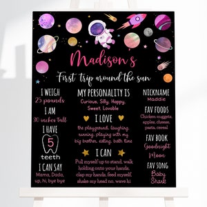 Editable Outer Space Birthday Milestone Sign First Trip Around The Sun Pink Girl Astronaut Galaxy Planets Moon Rocket Ship Digital A654