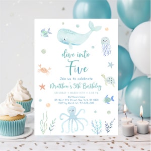 Under the Sea Birthday Invitation, Dive into Five Birthday, Blue Boy Sea Animals, Watercolor Whale Turtle Ocean, Editable Template A725
