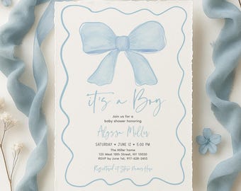 May include: A baby shower invitation with a light blue bow illustration and the text "It's a Boy." The invitation includes details for Alyssa Miller's baby shower, with the date, time, and location. The invitation is surrounded by light blue ribbons and flowers.