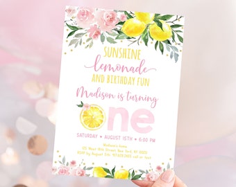 Editable Lemonade First Birthday Invitation Sunshine Lemonade and Fun Pink Lemonade Pink Gold Floral Girl Lemonade Party Digital A613